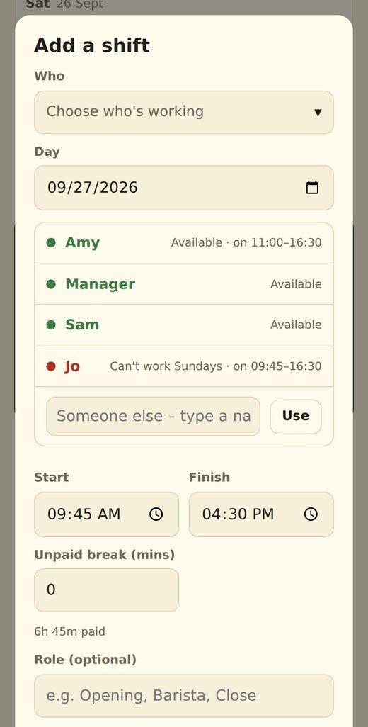 Adding a shift, with available staff in green